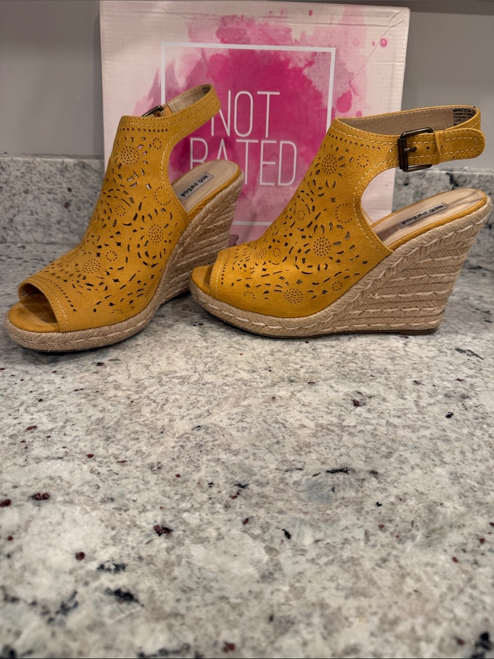 Not Rated Mustard Yellow Laser-Cut Espadrille Wedges
